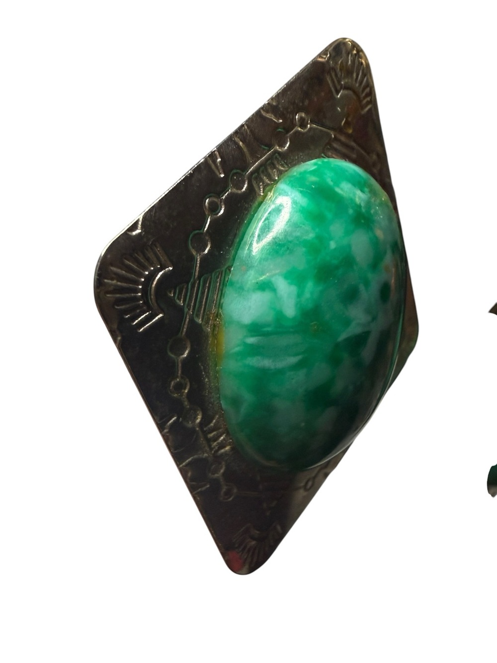 Vintage Southwestern Faux Jade Statement Clip Earrings Silver Tone Geometric - Picture 10 of 10
